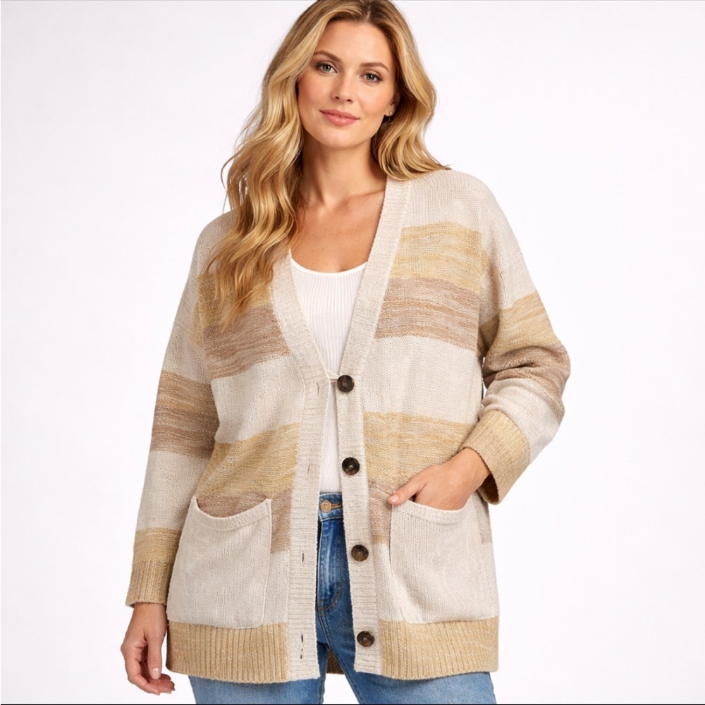 Free People Women M Oversized Striped Cardigan Cotton Blend Button Front Pockets